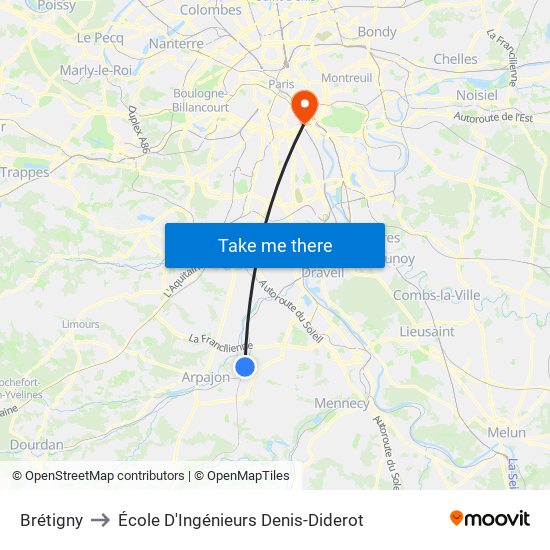 Brétigny to École D'Ingénieurs Denis-Diderot map