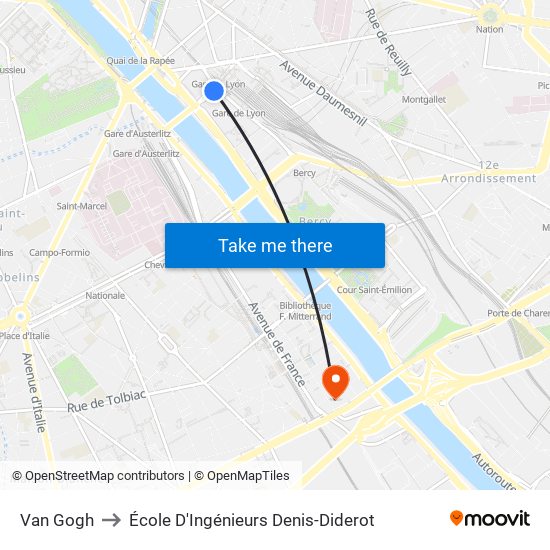 Van Gogh to École D'Ingénieurs Denis-Diderot map