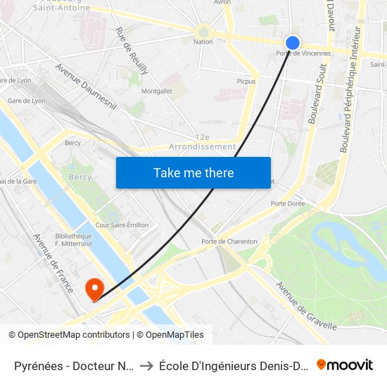 Pyrénées - Docteur Netter to École D'Ingénieurs Denis-Diderot map