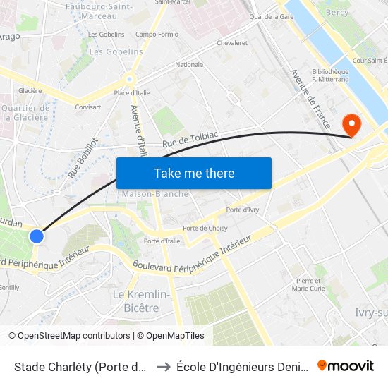 Stade Charléty (Porte de Gentilly) to École D'Ingénieurs Denis-Diderot map