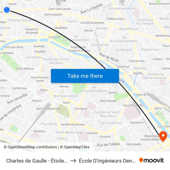 Charles de Gaulle - Étoile - Wagram to École D'Ingénieurs Denis-Diderot map