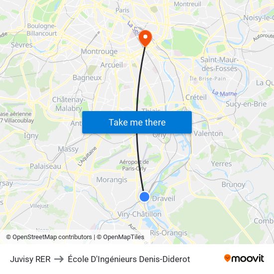 Juvisy RER to École D'Ingénieurs Denis-Diderot map