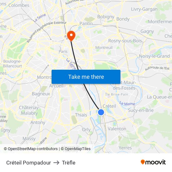 Créteil Pompadour to Trèfle map