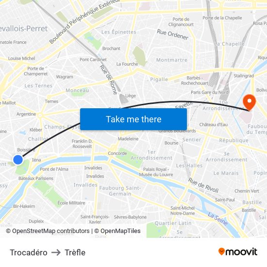 Trocadéro to Trèfle map