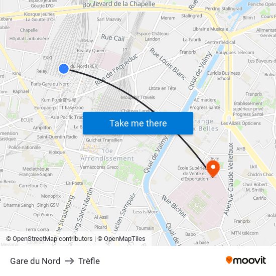 Gare du Nord to Trèfle map