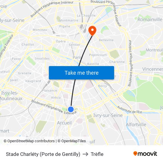 Stade Charléty (Porte de Gentilly) to Trèfle map