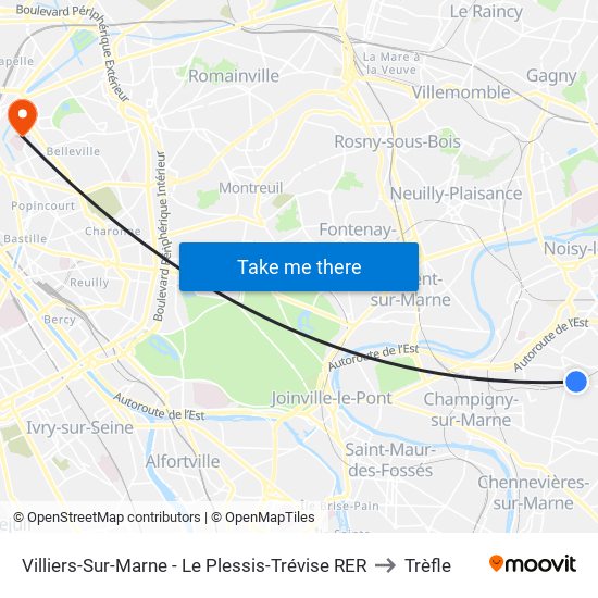 Villiers-Sur-Marne - Le Plessis-Trévise RER to Trèfle map