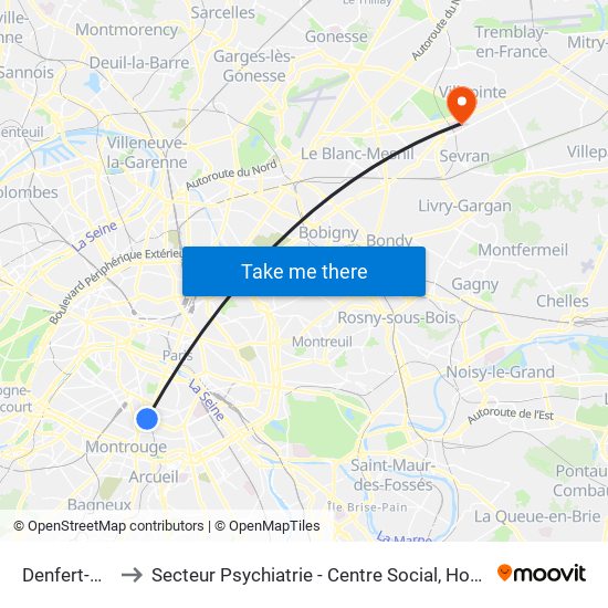 Denfert-Rochereau to Secteur Psychiatrie - Centre Social, Hopital de Jour, Salle de Spectacle map