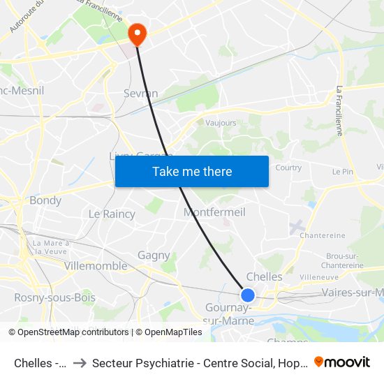 Chelles - Gournay to Secteur Psychiatrie - Centre Social, Hopital de Jour, Salle de Spectacle map