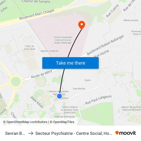 Sevran Beaudottes to Secteur Psychiatrie - Centre Social, Hopital de Jour, Salle de Spectacle map
