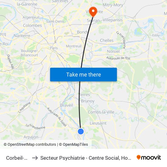 Corbeil-Essonnes to Secteur Psychiatrie - Centre Social, Hopital de Jour, Salle de Spectacle map