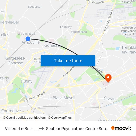 Villiers-Le-Bel - Gonesse - Arnouville to Secteur Psychiatrie - Centre Social, Hopital de Jour, Salle de Spectacle map