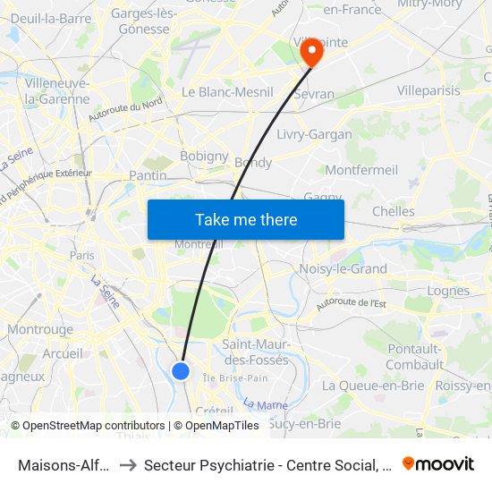Maisons-Alfort - Alfortville to Secteur Psychiatrie - Centre Social, Hopital de Jour, Salle de Spectacle map