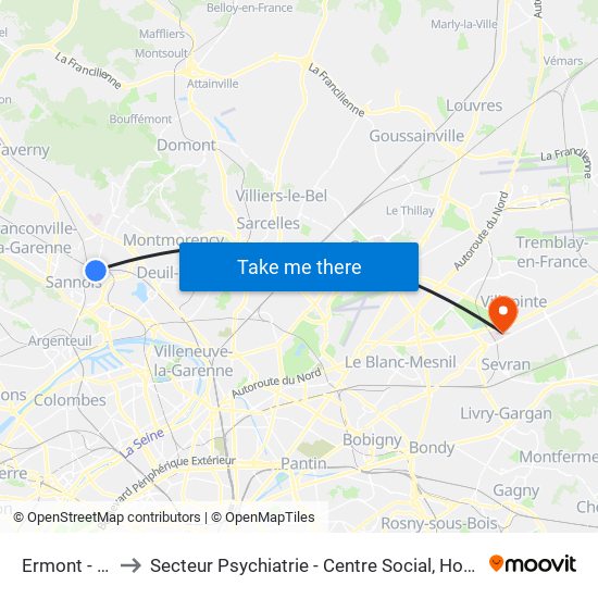 Ermont - Eaubonne to Secteur Psychiatrie - Centre Social, Hopital de Jour, Salle de Spectacle map