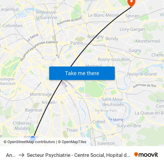 Antony to Secteur Psychiatrie - Centre Social, Hopital de Jour, Salle de Spectacle map