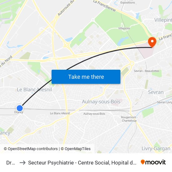 Drancy to Secteur Psychiatrie - Centre Social, Hopital de Jour, Salle de Spectacle map