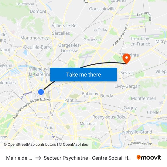 Mairie de Saint-Ouen to Secteur Psychiatrie - Centre Social, Hopital de Jour, Salle de Spectacle map