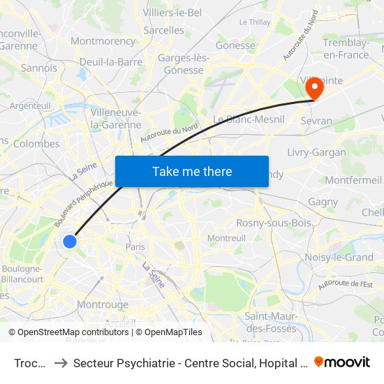 Trocadéro to Secteur Psychiatrie - Centre Social, Hopital de Jour, Salle de Spectacle map