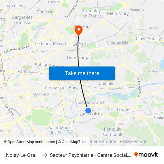 Noisy-Le-Grand - Mont D'Est to Secteur Psychiatrie - Centre Social, Hopital de Jour, Salle de Spectacle map