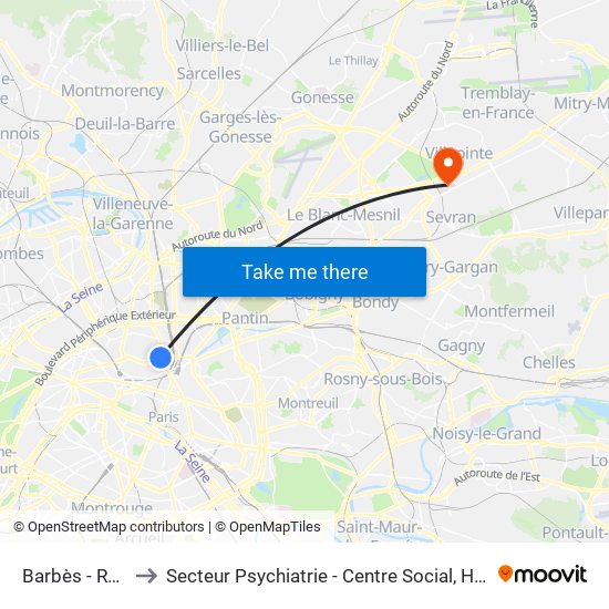 Barbès - Rochechouart to Secteur Psychiatrie - Centre Social, Hopital de Jour, Salle de Spectacle map