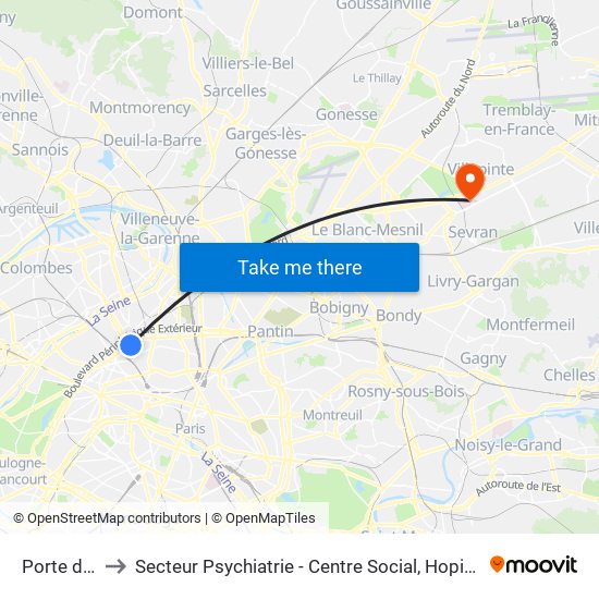 Porte de Clichy to Secteur Psychiatrie - Centre Social, Hopital de Jour, Salle de Spectacle map