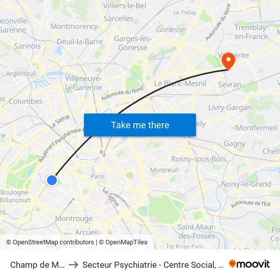 Champ de Mars Tour Eiffel to Secteur Psychiatrie - Centre Social, Hopital de Jour, Salle de Spectacle map