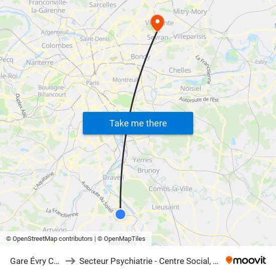 Gare Évry Courcouronnes to Secteur Psychiatrie - Centre Social, Hopital de Jour, Salle de Spectacle map