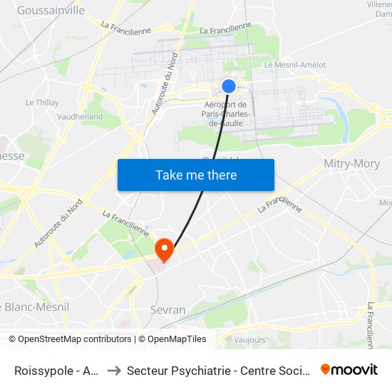 Roissypole - Aéroport Cdg1 (D3) to Secteur Psychiatrie - Centre Social, Hopital de Jour, Salle de Spectacle map