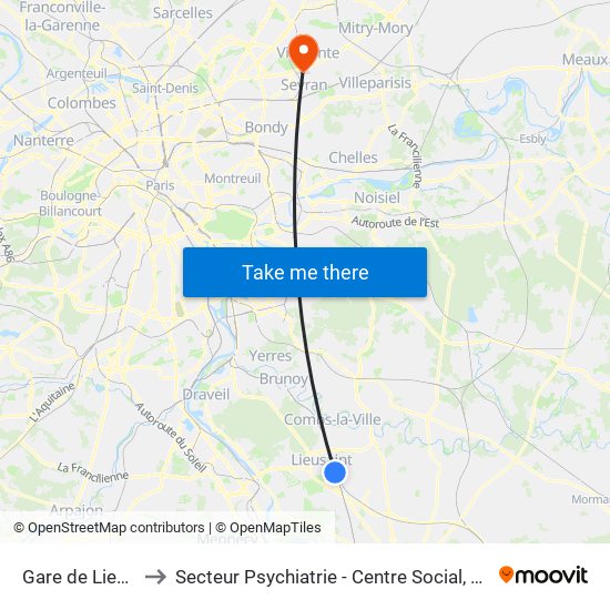Gare de Lieusaint Moissy to Secteur Psychiatrie - Centre Social, Hopital de Jour, Salle de Spectacle map