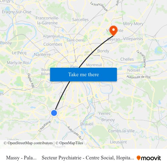 Massy - Palaiseau RER to Secteur Psychiatrie - Centre Social, Hopital de Jour, Salle de Spectacle map