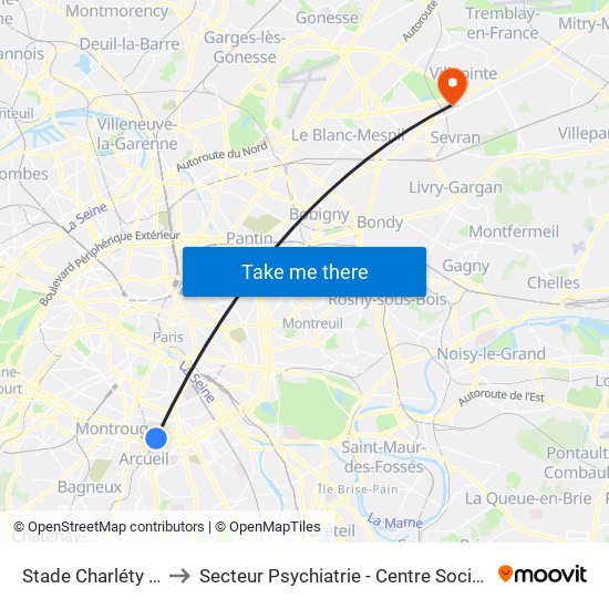 Stade Charléty (Porte de Gentilly) to Secteur Psychiatrie - Centre Social, Hopital de Jour, Salle de Spectacle map