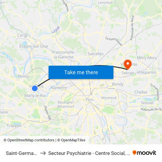 Saint-Germain-En-Laye RER to Secteur Psychiatrie - Centre Social, Hopital de Jour, Salle de Spectacle map