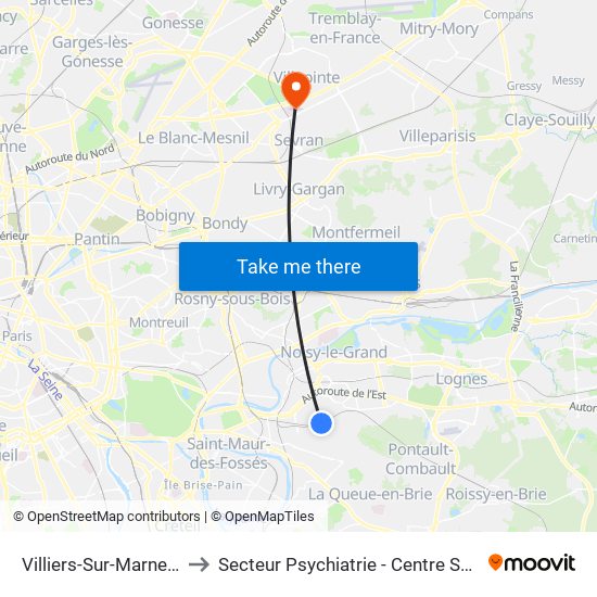 Villiers-Sur-Marne - Le Plessis-Trévise RER to Secteur Psychiatrie - Centre Social, Hopital de Jour, Salle de Spectacle map