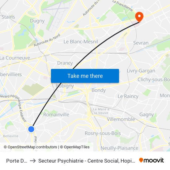 Porte Des Lilas to Secteur Psychiatrie - Centre Social, Hopital de Jour, Salle de Spectacle map