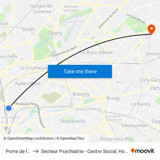 Porte de la Chapelle to Secteur Psychiatrie - Centre Social, Hopital de Jour, Salle de Spectacle map