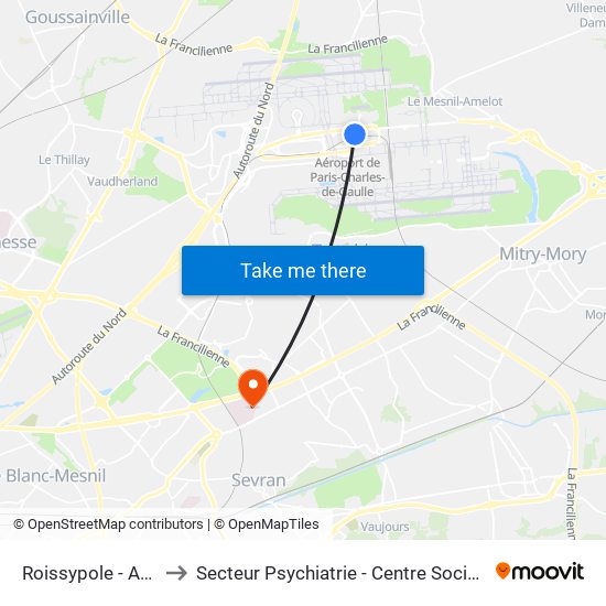 Roissypole - Aéroport Cdg1 (D1) to Secteur Psychiatrie - Centre Social, Hopital de Jour, Salle de Spectacle map