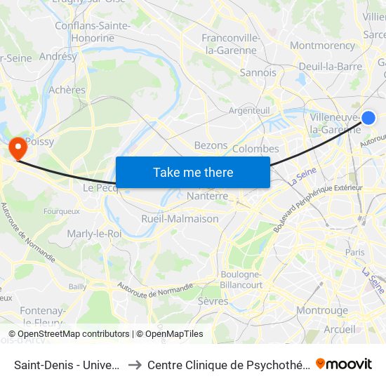 Saint-Denis - Université to Centre Clinique de Psychothérapie map