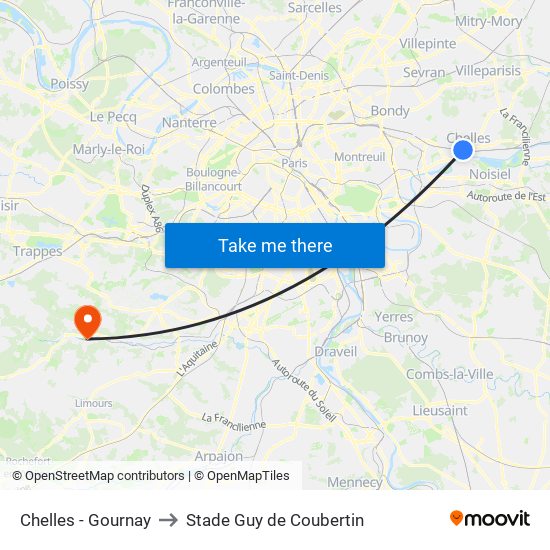 Chelles - Gournay to Stade Guy de Coubertin map