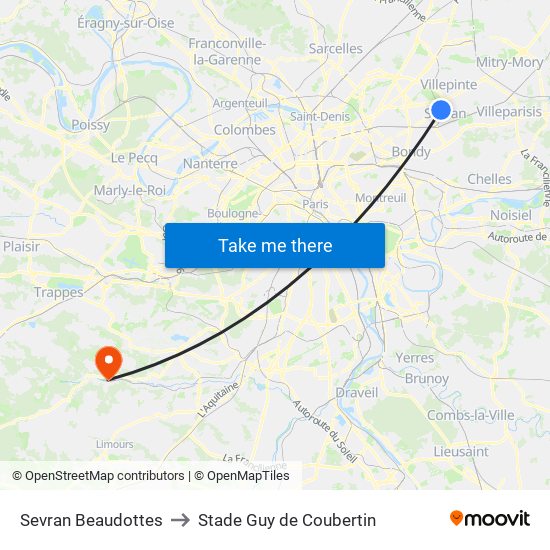 Sevran Beaudottes to Stade Guy de Coubertin map