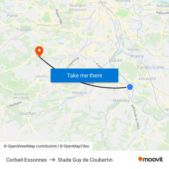 Corbeil-Essonnes to Stade Guy de Coubertin map