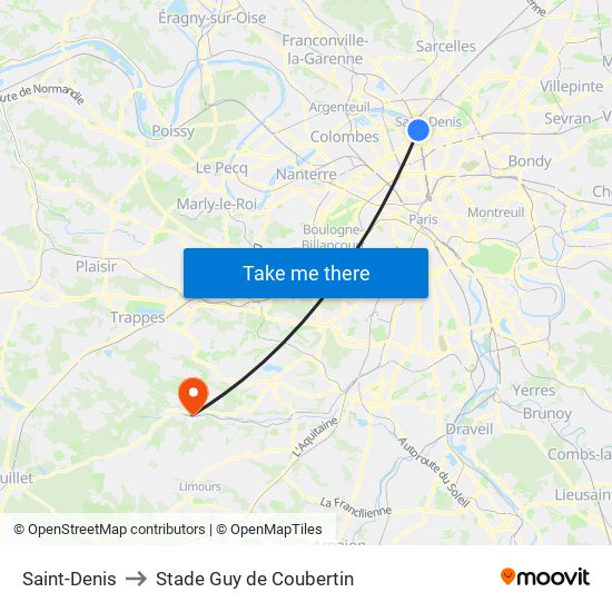 Saint-Denis to Stade Guy de Coubertin map