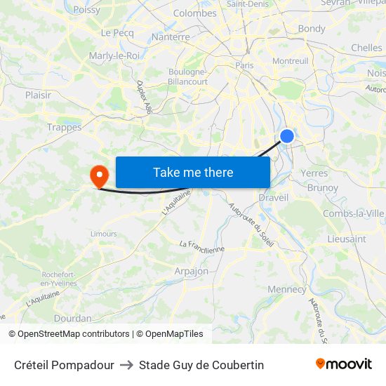 Créteil Pompadour to Stade Guy de Coubertin map