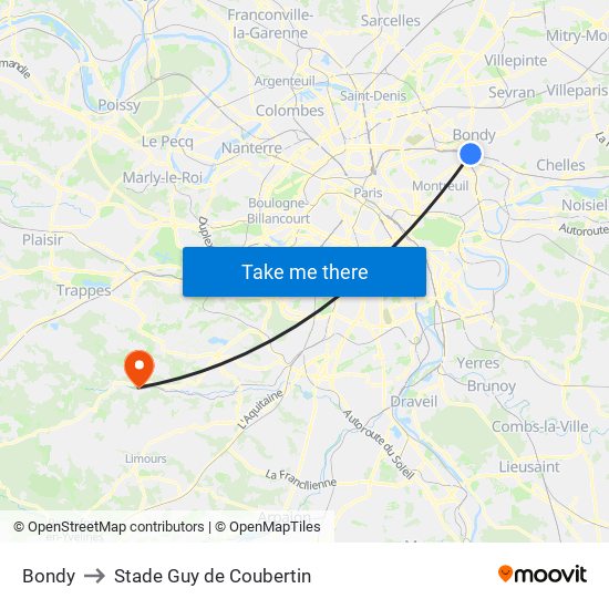 Bondy to Stade Guy de Coubertin map