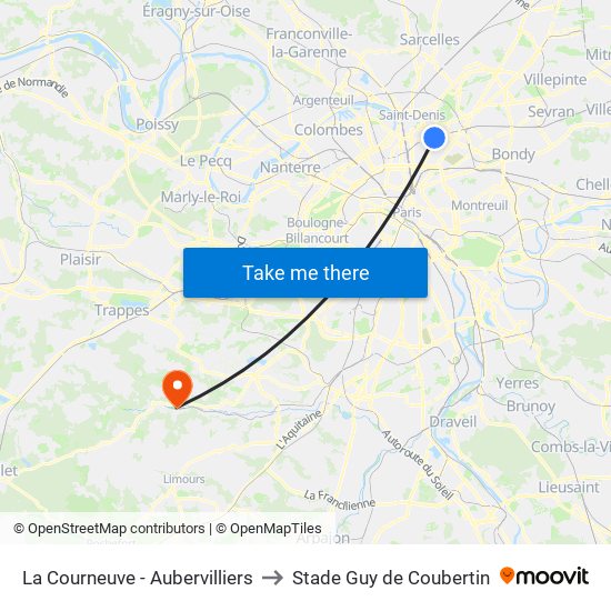 La Courneuve - Aubervilliers to Stade Guy de Coubertin map