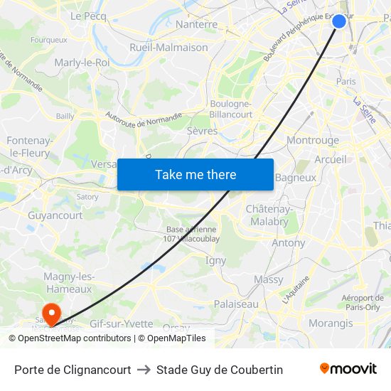 Porte de Clignancourt to Stade Guy de Coubertin map