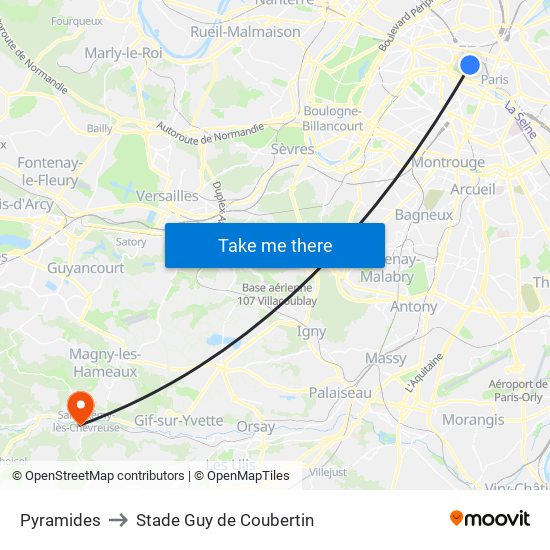 Pyramides to Stade Guy de Coubertin map