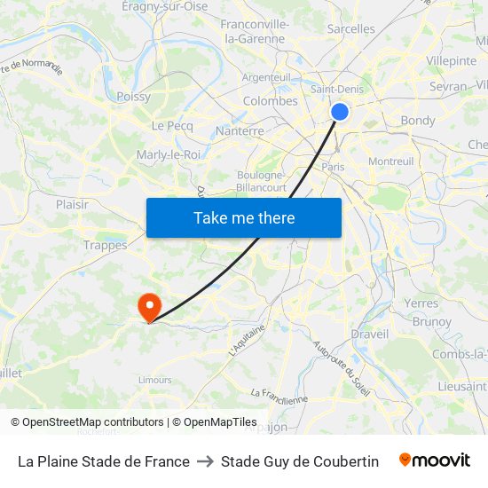 La Plaine Stade de France to Stade Guy de Coubertin map
