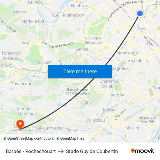 Barbès - Rochechouart to Stade Guy de Coubertin map