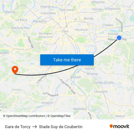 Gare de Torcy to Stade Guy de Coubertin map
