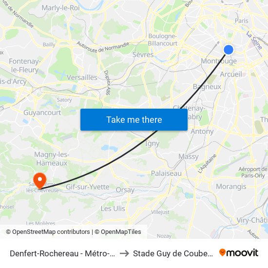 Denfert-Rochereau - Métro-Rer to Stade Guy de Coubertin map